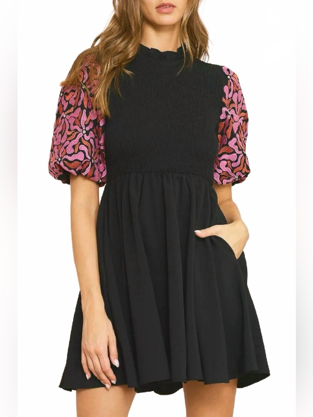 Entro Embroidered Puff Sleeve Mini Dress Black Smocked Bodice L